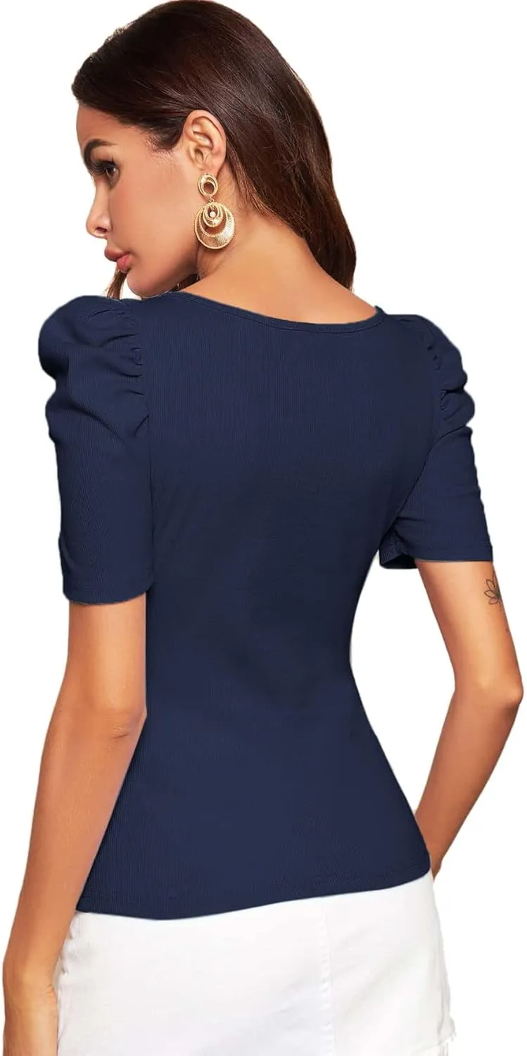 WDIRARA Women's Puff Sleeve Square Neck Short Sleeve Elegant Tee Top