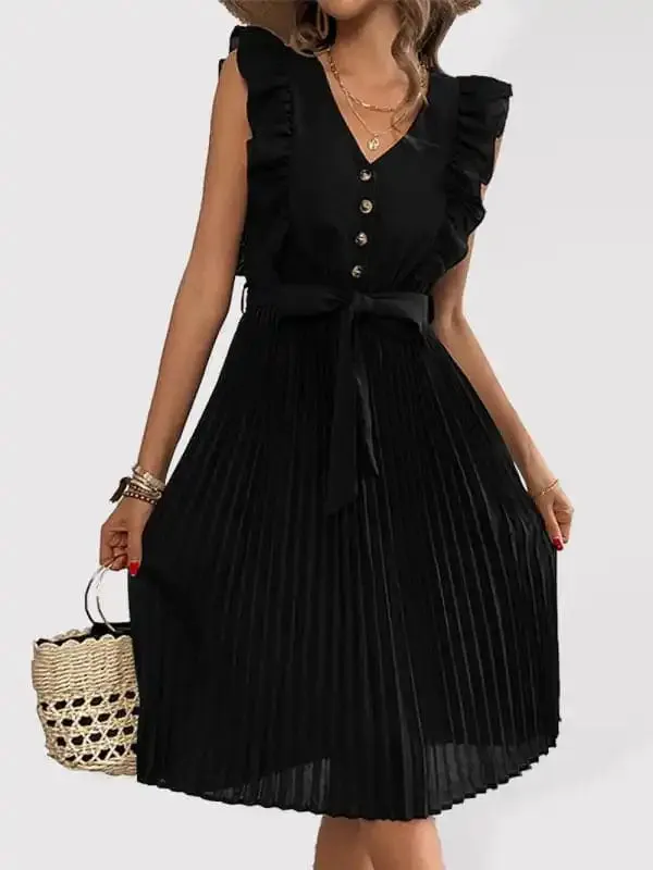 Women’s Solid Color Ruffle Summer Pleated Sleeveless Dress