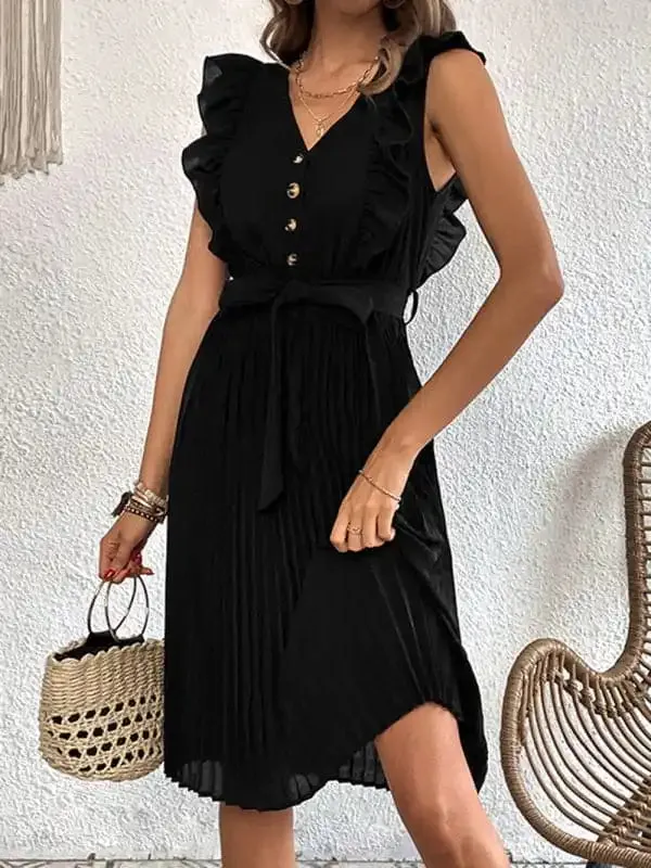 Women’s Solid Color Ruffle Summer Pleated Sleeveless Dress