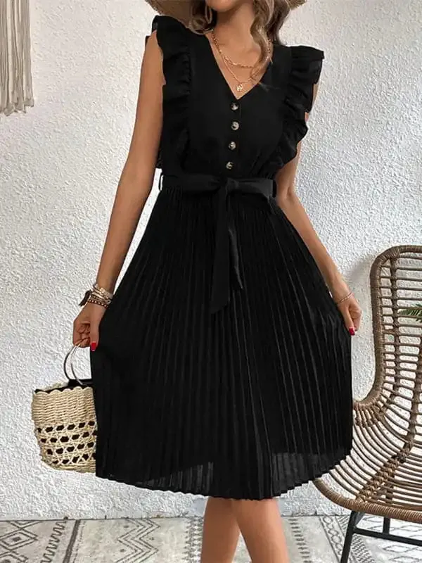 Women’s Solid Color Ruffle Summer Pleated Sleeveless Dress