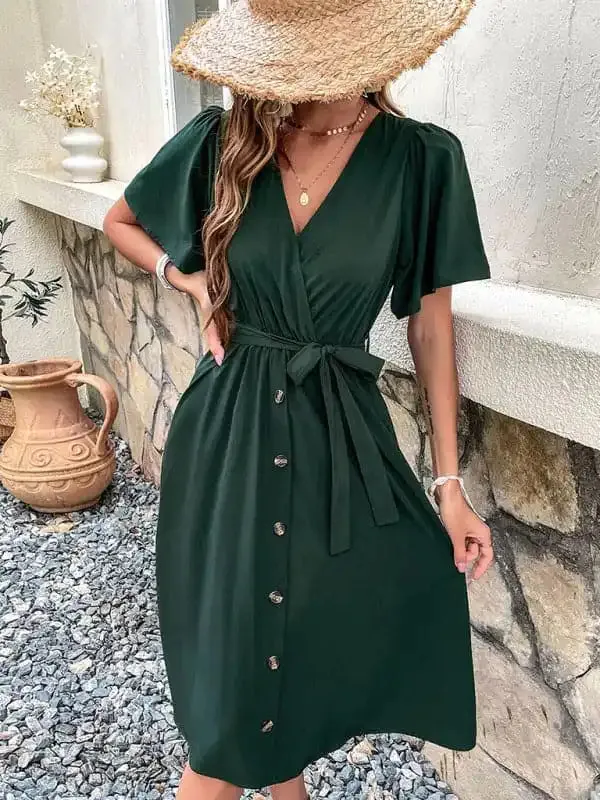 Women’s Solid Color Surplice Faux Wrap Button-down Midi Dress