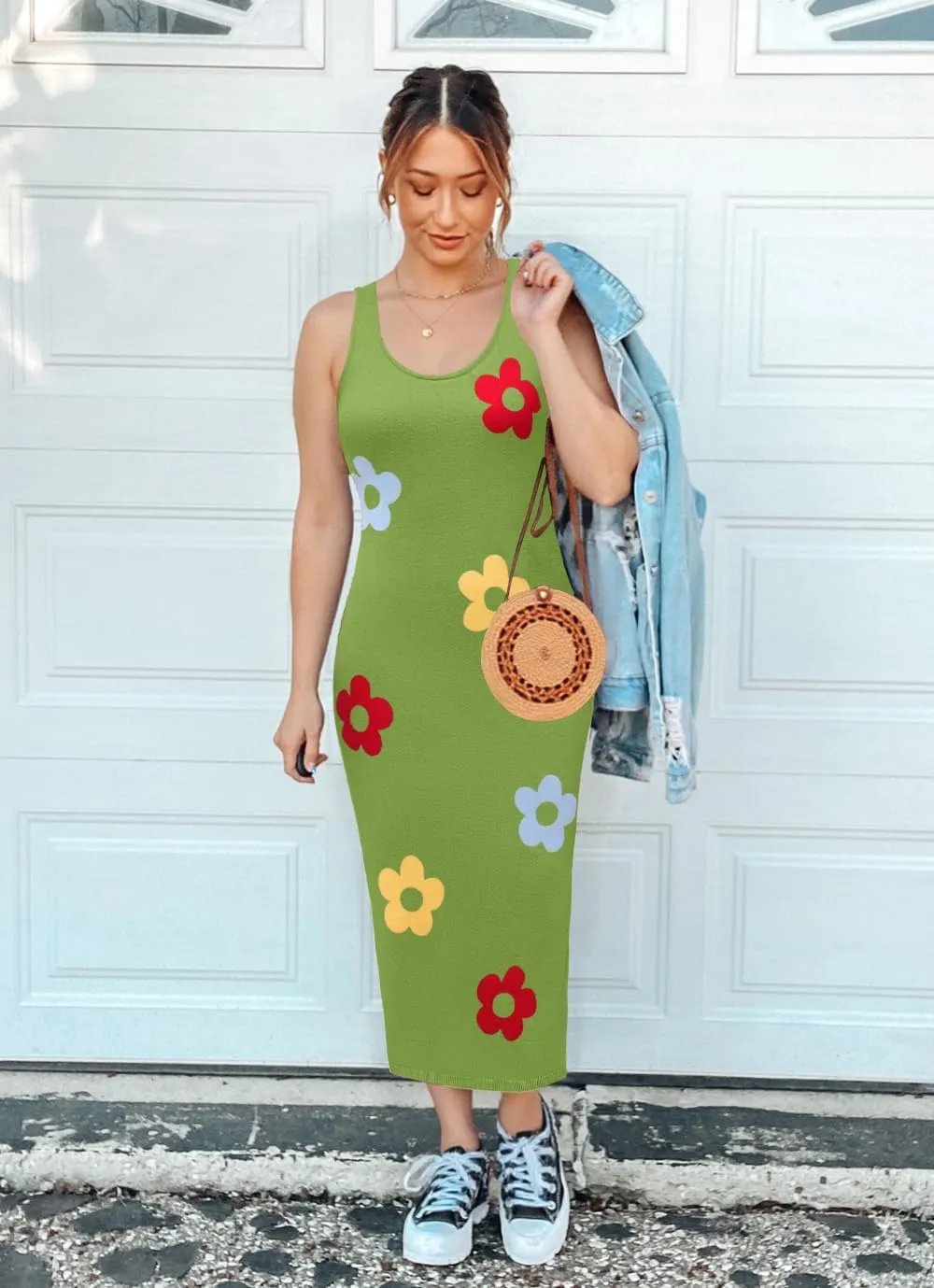 ZESICA Women's Summer Knit Bodycon Midi Dress 2025 Sleeveless Floral Crewneck Color Block Long Beach Party Dresses