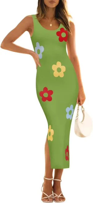 ZESICA Women's Summer Knit Bodycon Midi Dress 2025 Sleeveless Floral Crewneck Color Block Long Beach Party Dresses